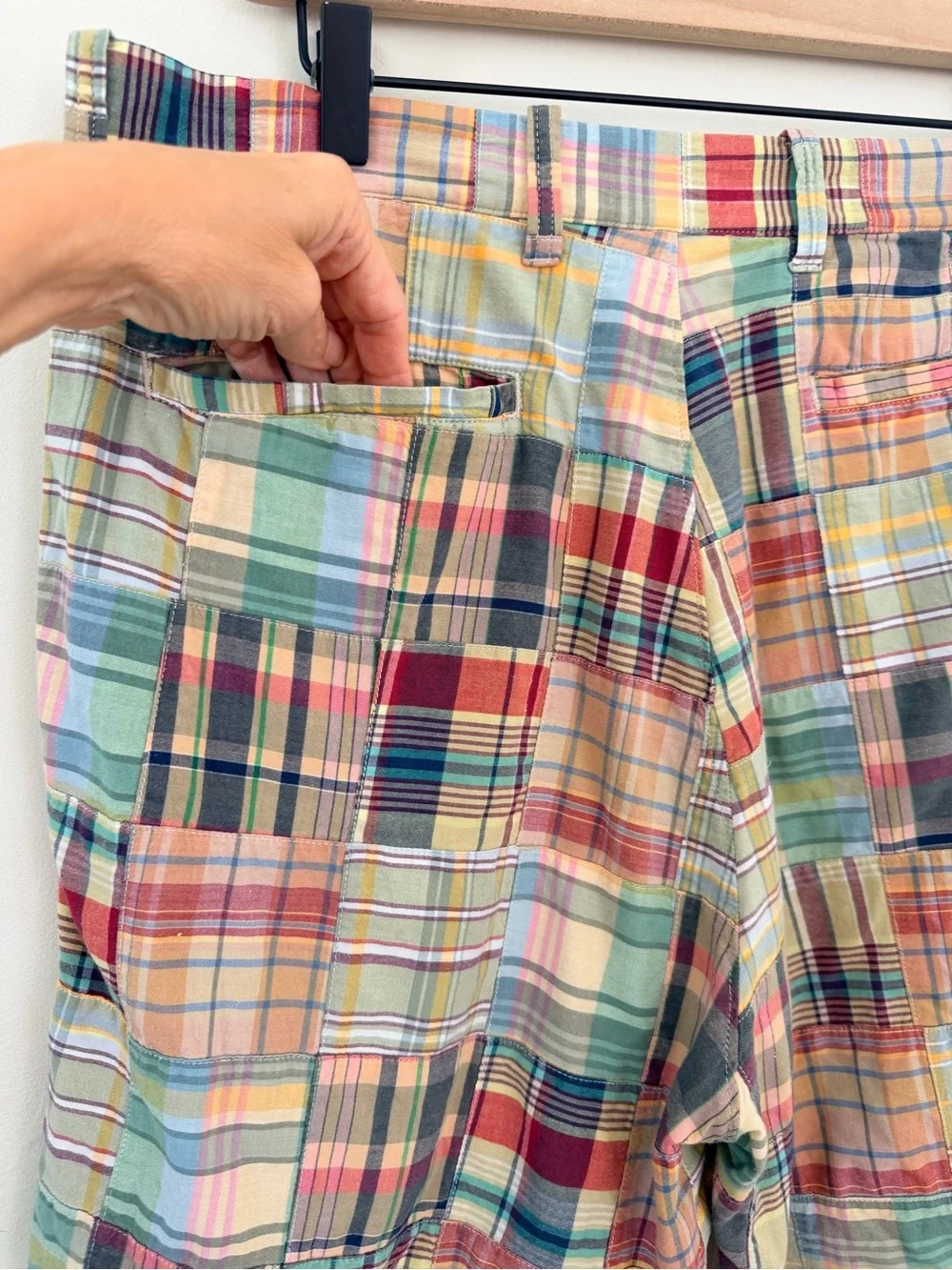 Vtg 90s Y2K J Crew Mens Patchwork Rainbow Madras Plaid Shorts Cotton trending
